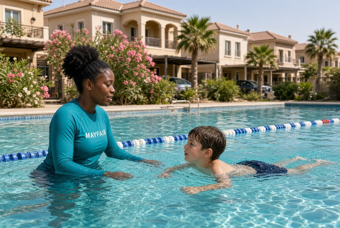 A woman in a teal long-sleeve swim shirt with 'MAYFAIR' printed on the front stands in a swimming pool next to a child learning to swim. The background shows a sunny residential pool area with palm trees and beige villas.