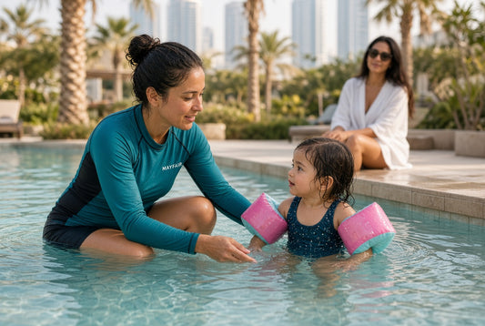 A woman in a teal and black long-sleeve swim shirt helps a young child wearing pink arm floaties in a swimming pool, with a resort poolside setting and another woman sitting in the background.