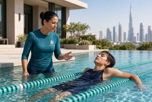 A woman in a teal long-sleeve swim shirt stands in a swimming pool beside a person floating on their back in a navy swimsuit. The background shows a modern building and the Burj Khalifa in Dubai under a clear blue sky.
