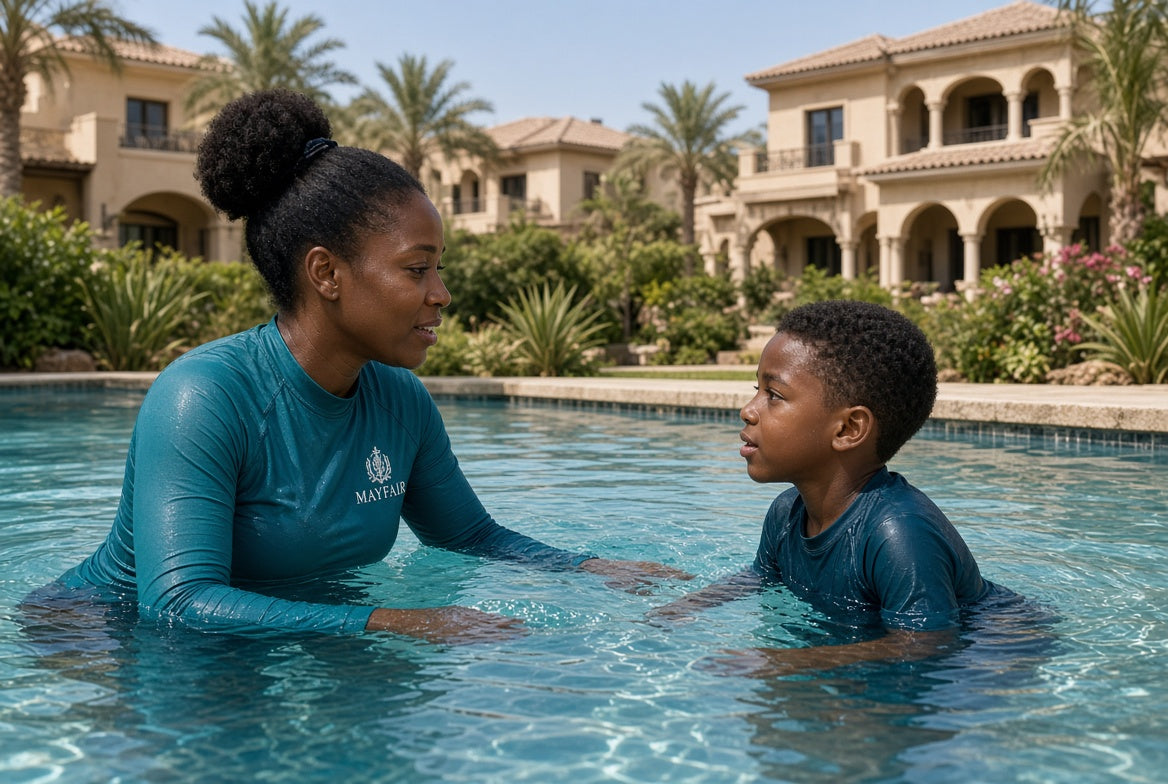 A woman and a child wearing matching teal water sports shirts swim together in a resort pool, with luxury villas and palm trees in the background.